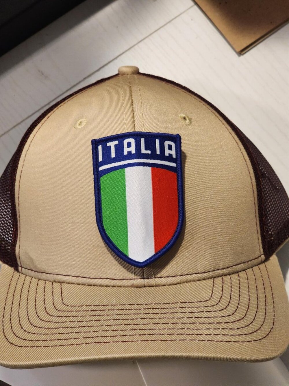 ITALIA Patched Khaki/Maroon Mesh Snapback Trucker Hat